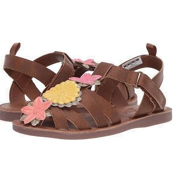 Girls/Toddler OshKosh B''Gosh Sandals Peach Yellow Flowers Size 7 Toddler HANA2 - Picture 1 of 8